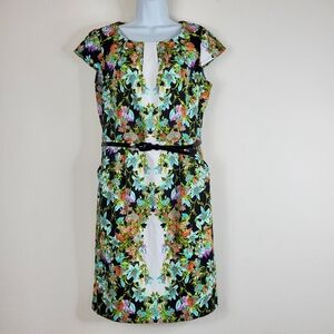 Emma & Michele Floral Dress Belt & Pockets size 10 Pleated Work or Evening Wear